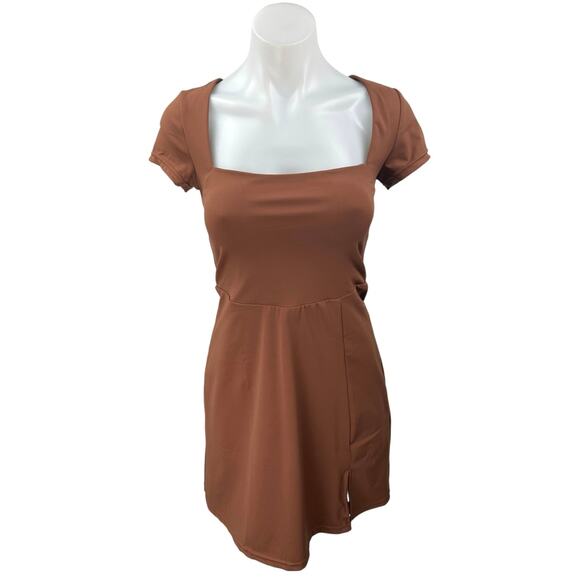 NEW Casly Lamiit Brown Square Neck Short Sleeve Mini Jersey A-Line Dress Size S - Picture 1 of 4